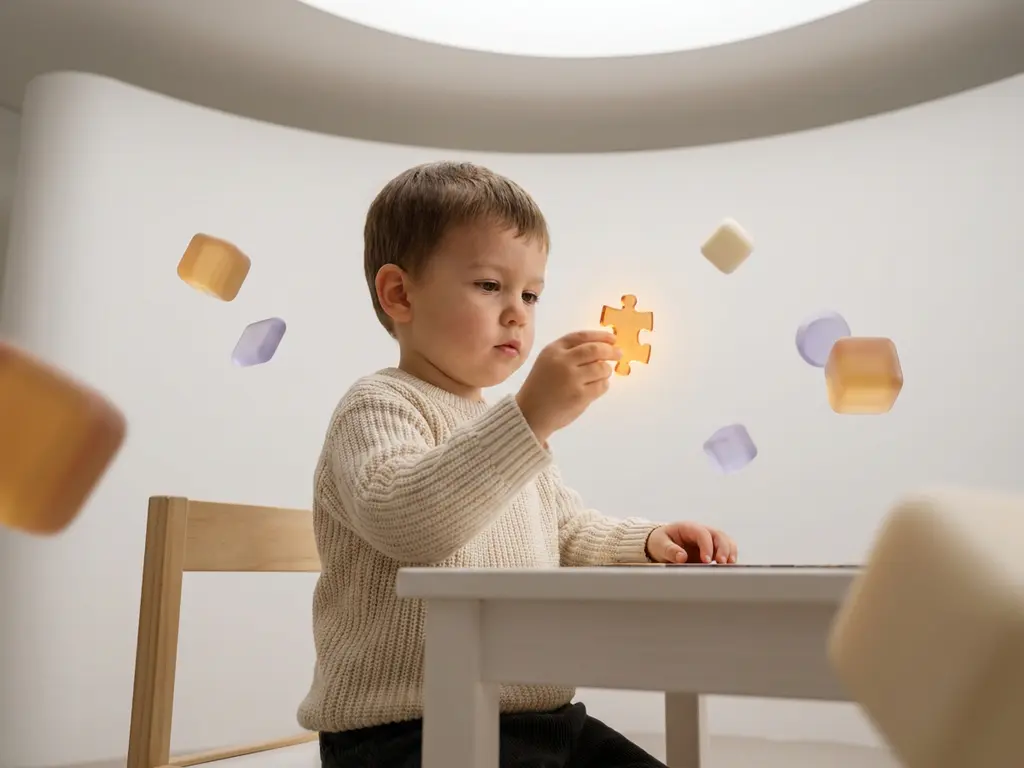Jong kind aan klein bureau houdt gloeiend puzzelstuk omhoog, omringd door zwevende geometrische vormen in warme amber- en violettinten.