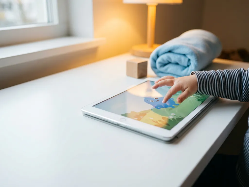 Klein kind raakt zacht verlicht tabletscherm aan met getekend personage, warme sfeer op wit bureau.