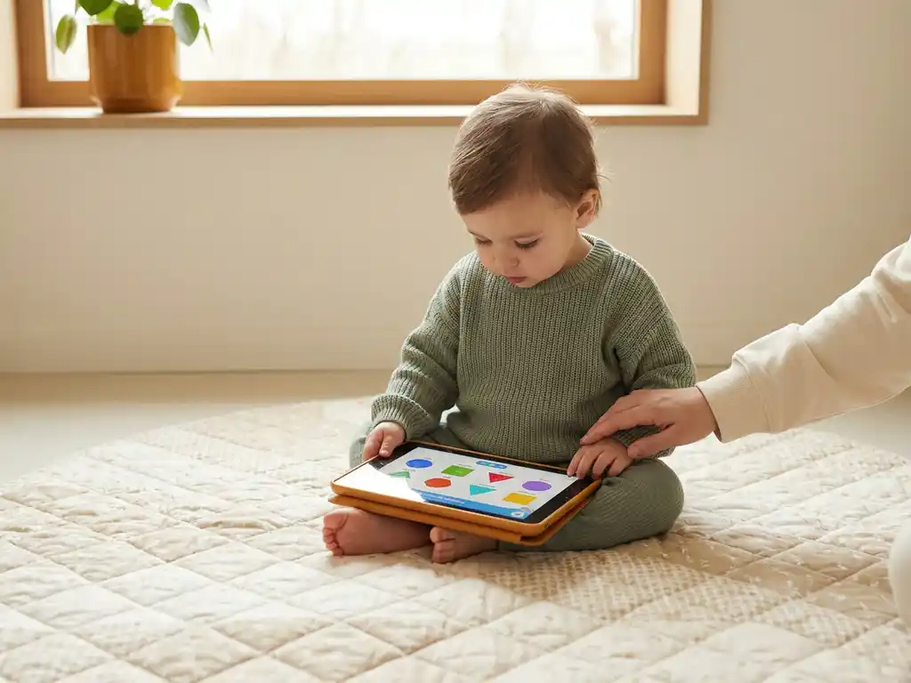 Jong kind op speelmat met kleurrijke tablet, begeleid door een volwassene in een rustige, natuurlijk verlichte leeromgeving.