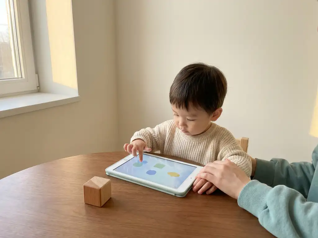 Klein kind aan houten tafel met tablet, begeleid door ouder, warm natuurlijk licht en speelgoedblokje op de voorgrond.