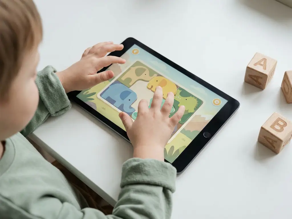 Kind speelt puzzelspel op kleurrijke tablet, houten alfablokken op wit bureau, zachte salie- en geeltinten.