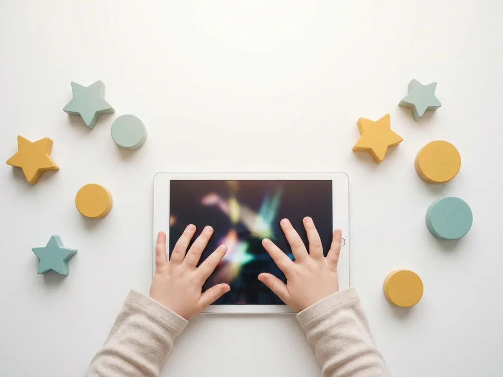 Kind speelt educatief spel op verlichte tablet, omringd door geometrische sterren en cirkels op wit oppervlak.