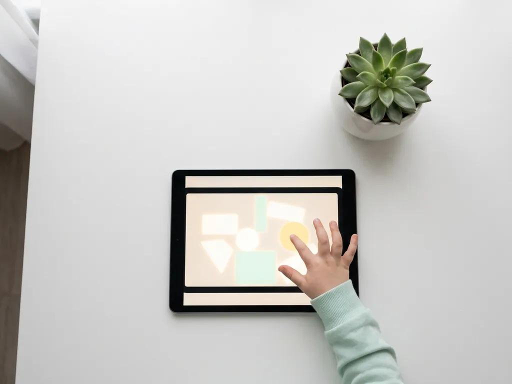 Klein kind dat een verlichte tablet aanraakt met kleurrijke spelvormen, op een wit bureau naast een groen plantje in zacht natuurlijk licht.