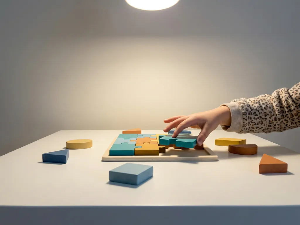 Klein kind plaatst kleurrijk puzzelstuk op witte tafel, omringd door geometrische vormen in teal en amber tinten.