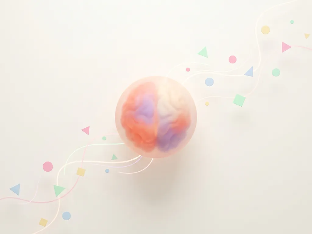 Gloeiend kinderhersenen omgeven door wervelende lichtsporen en drijvende geometrische vormen in pastelkleuren, symboliseert afleiding en concentratie.