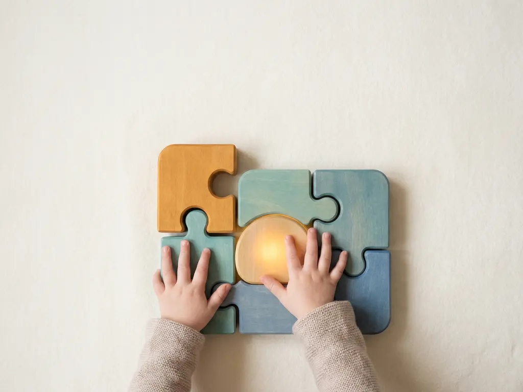 Kinderhanden die reiken naar kleurrijke, grote puzzelstukken op een crèmekleurig oppervlak, met warme amber- en zachte tealtinten.
