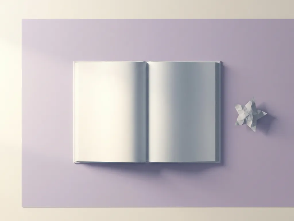 Open schoolboek op lavendel bureau met verwelkte papieren ster, zacht daglicht vanuit slaapkamerraam vervaagt over de pagina's.