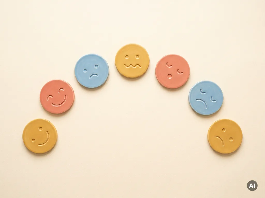 Zeven kleurrijke ronde gezichtjes in een boog, elk met een unieke emotie in minimalistisch design op een crèmekleurige achtergrond.