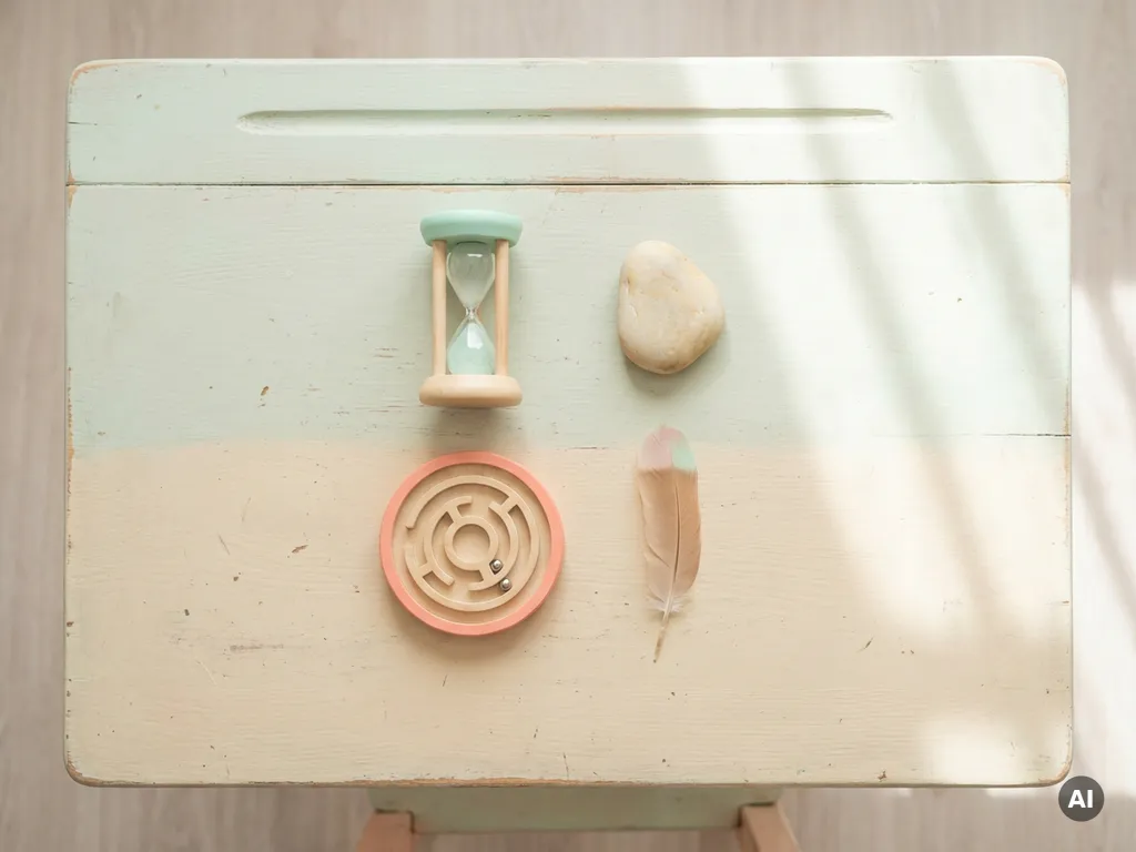 Houten kinderbureautje met zandloper, steen, doolhofpuzzel en veer in pastelkleuren, bovenaanzicht, minimalistische compositie.