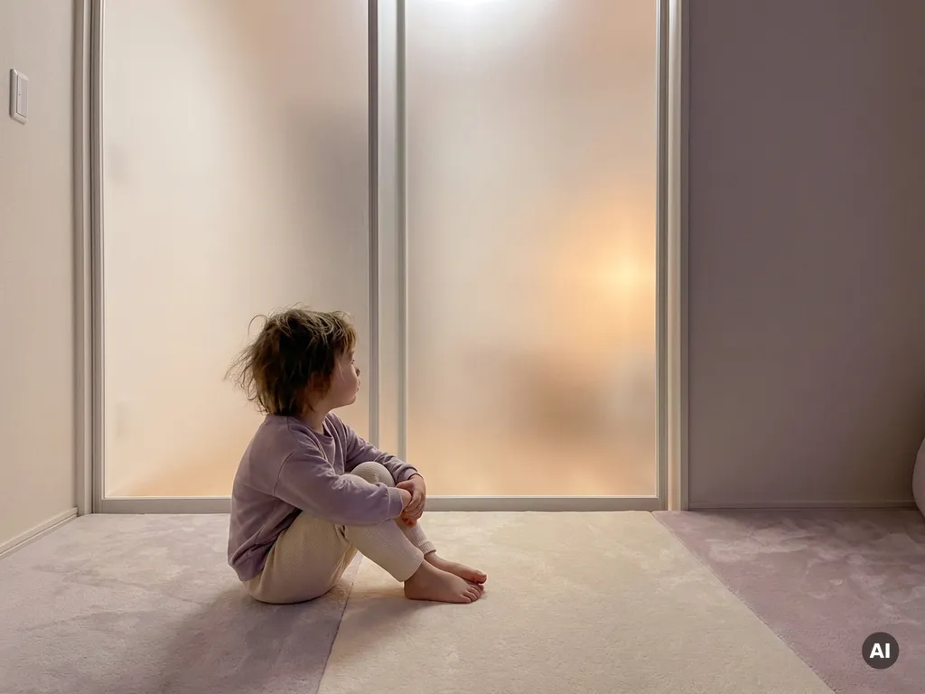 Klein kind zit gekruisd op een lavendelkleurige vloer, armen om knieën geslagen, voor een matglazen wand met warm amber gloed.