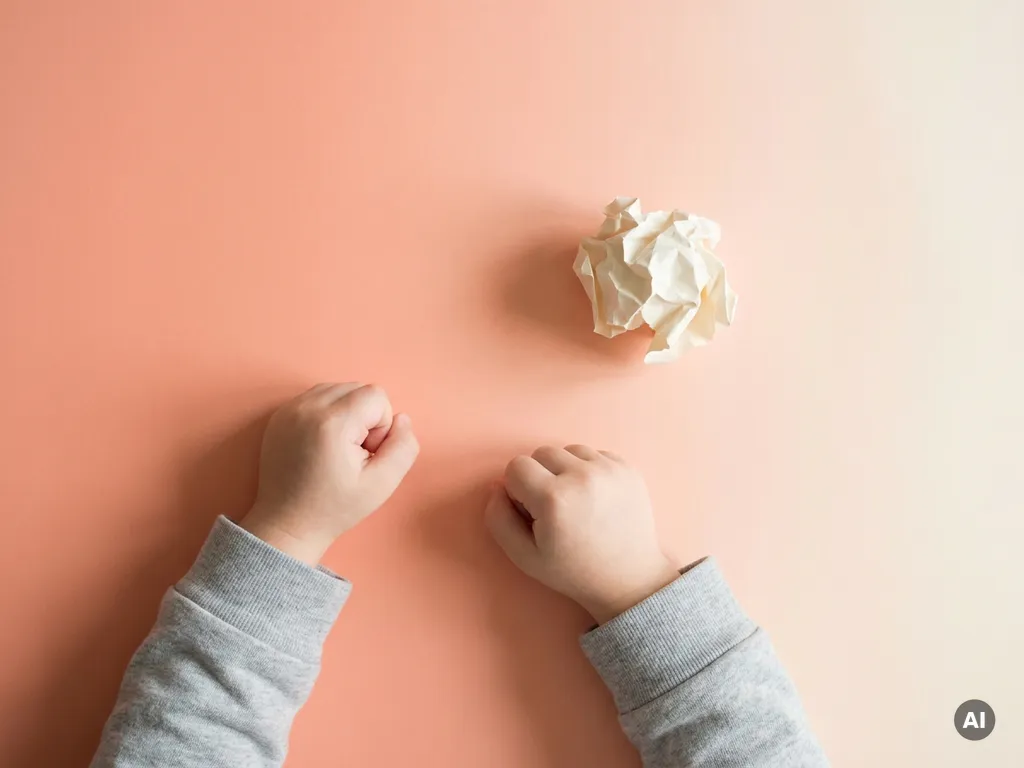 Kleine gebalde vuistjes van een kind op een pastelkleurig oppervlak naast een verkreukeld stuk papier, bovenaanzicht.