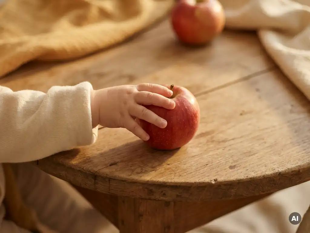 Klein kinderhands dat reikt naar een rijpe appel op een houten tafel, zachte gouden zijdelingse belichting, minimalistische compositie.
