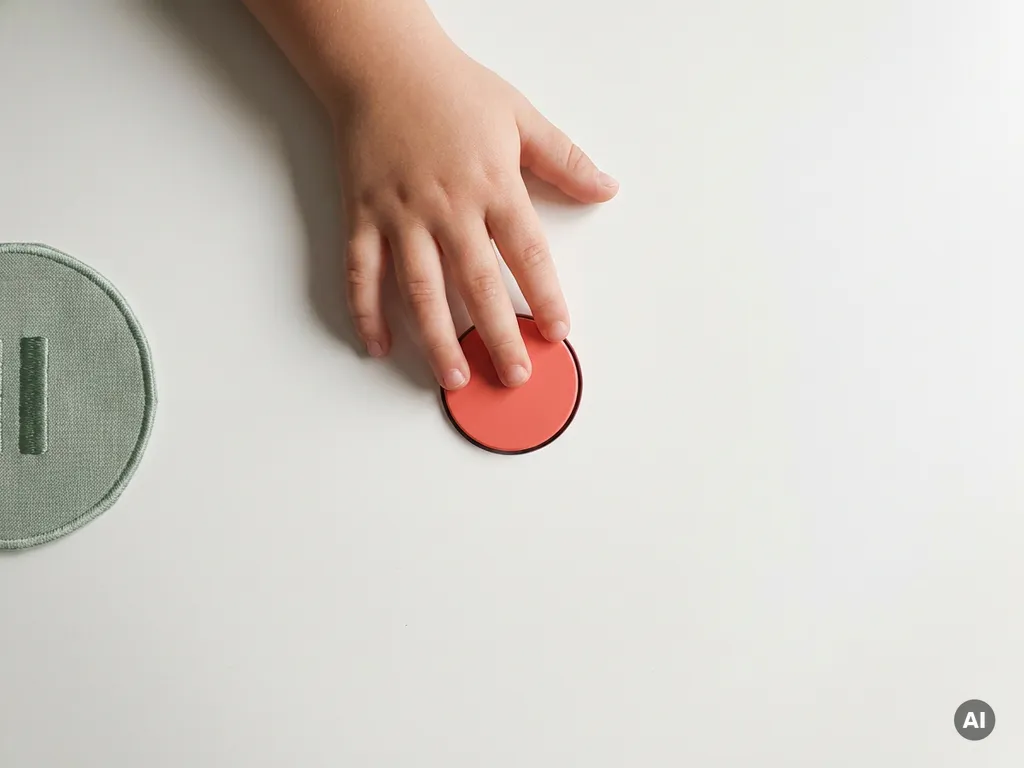 Kind dat zijn hand uitstrekt naar een rode knop op wit oppervlak, met een pauze-symbool ernaast, bovenaanzicht.