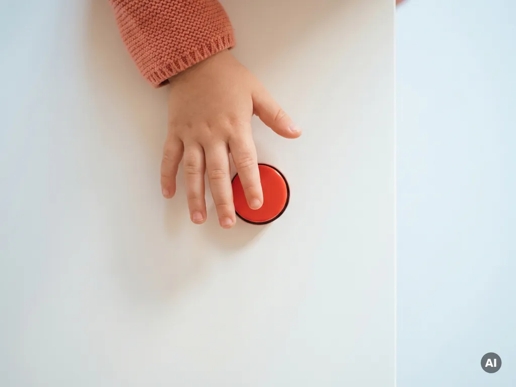 Klein kinderhands zweeft boven een felrode knop op wit oppervlak, impulsbeheer symboliserend.