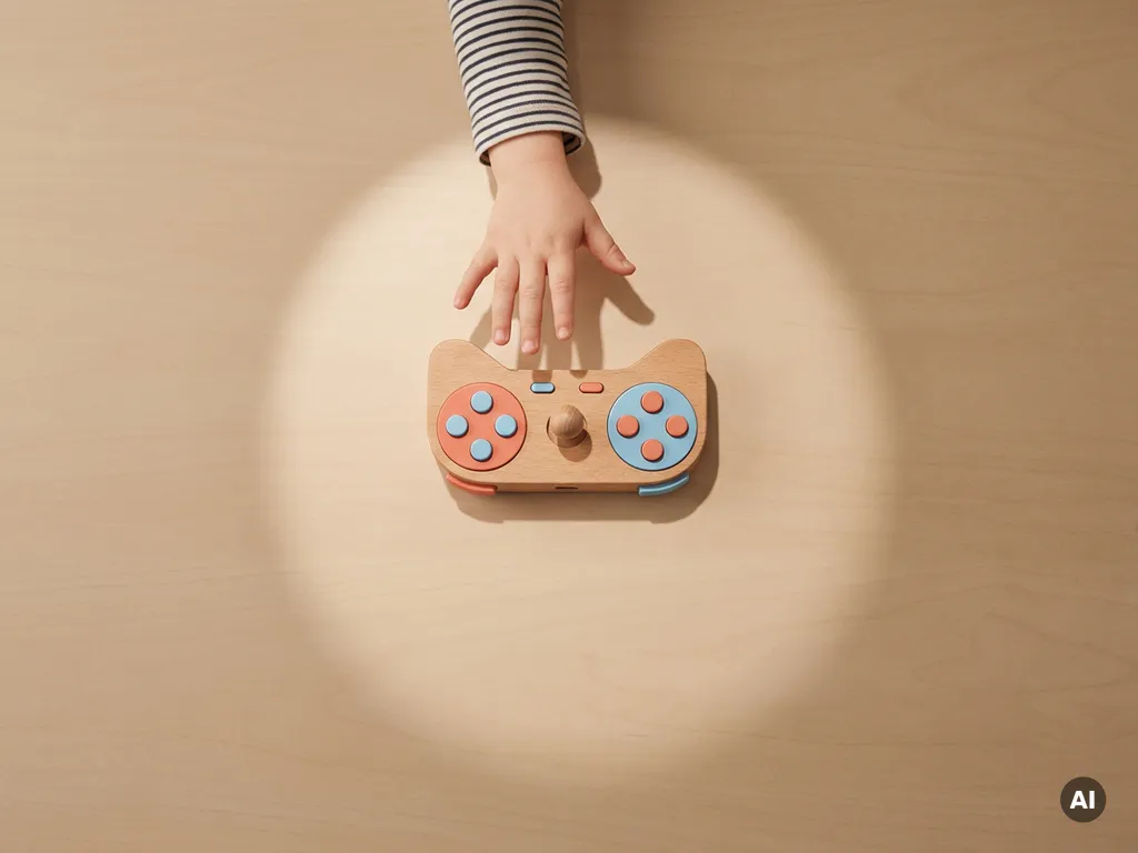 Klein kind dat zijn hand uitstrekt naar een kleurrijke gamecontroller op een houten tafel, bovenaanzicht met warme koraal- en blauwtinten.