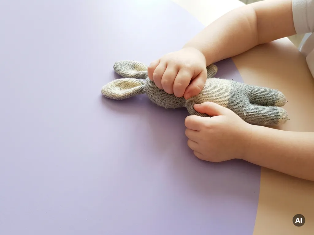 Kinderhanden die een zacht pluchen speelgoed stevig vasthouden, gespannen knokkels op lavendelkleurig oppervlak.