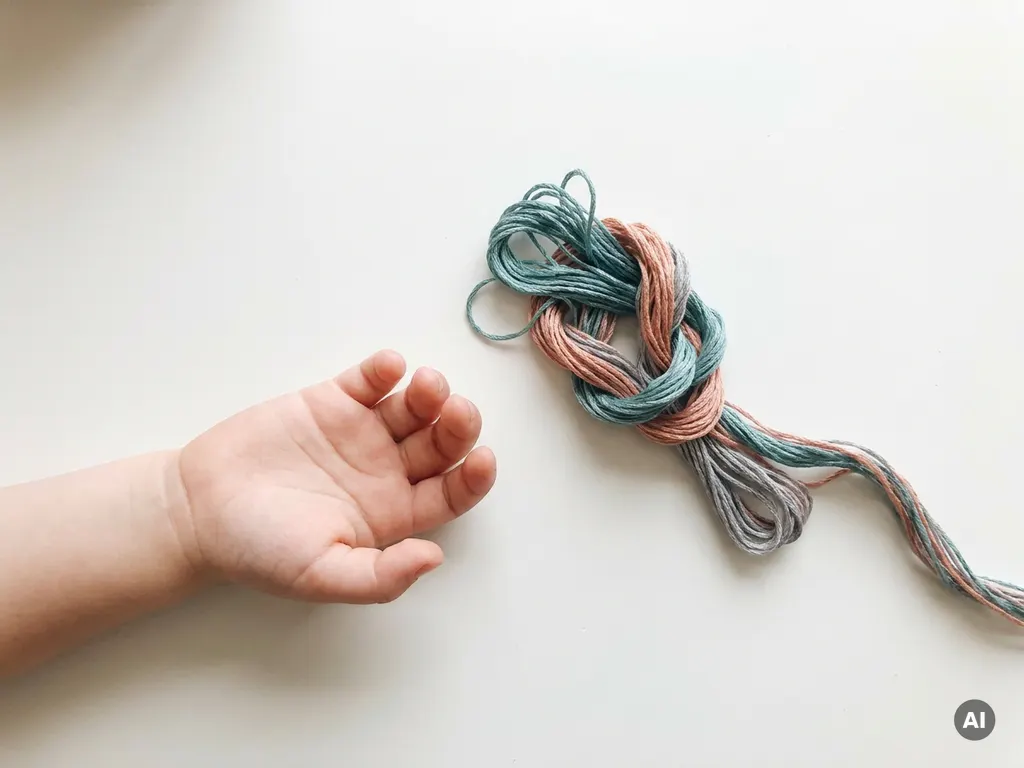 Klein kinderhandje naast een ontwarrende kluwen gekleurde draden in teal, roze en grijs op wit oppervlak.