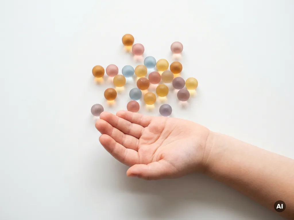 Klein kinderhands met 27 gloeiende bolletjes in warme pasteltinten die verschillende emoties zoals blijdschap en verdriet symboliseren.