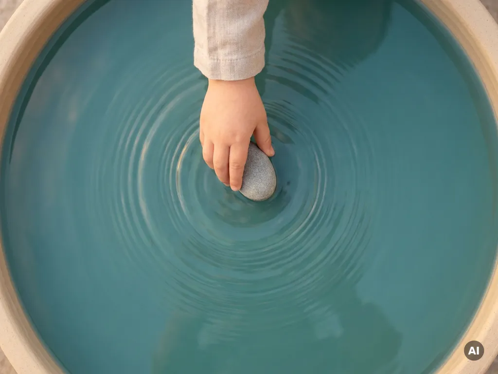 Klein kinderhands houdt een gladde steen vast boven kalm teal water met zachte rimpelringen, bovenaanzicht.