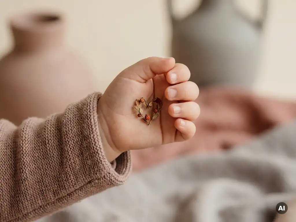 Klein kindervuistje dat zich opent met een teer hartje in de palm, zachte tinten van roze en terracotta, minimalistische studiobelichting.