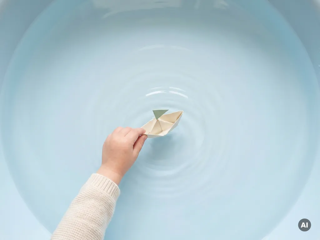 Klein kind laat een papieren bootje los op stil water, zachte kringen verspreiden zich, bovenaanzicht met rustgevende blauwe en crèmetinten.