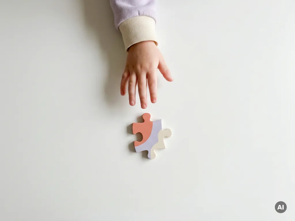 Klein kind dat zijn hand uitstrekt naar een kleurrijk puzzelstukje op een witte tafel, zachte schaduwen in lavendel- en crèmetinten.
