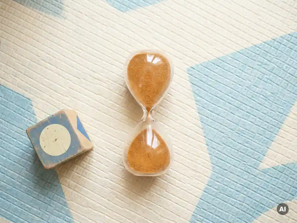Zandloper met vallend goudkleurig zand naast een houten speelblok op een pastelkleurig speelkleed, bovenaanzicht.