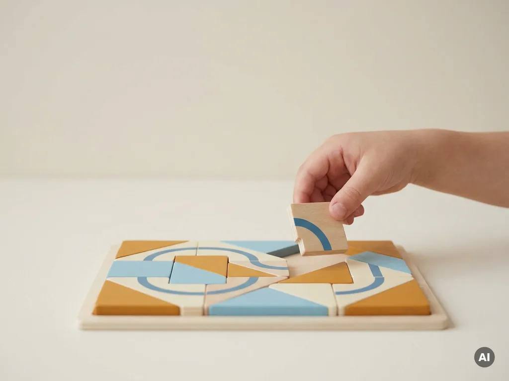 Klein kind dat een houten padpuzzel herschikt, één stuk zweeft boven de onderbroken route, warme amber- en blauwtinten.
