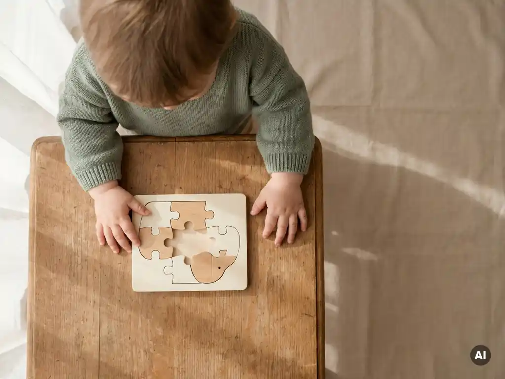 Jong kind pauzeert bij een houten puzzel met één ontbrekend stukje, handjes op tafel, zacht natuurlijk licht.