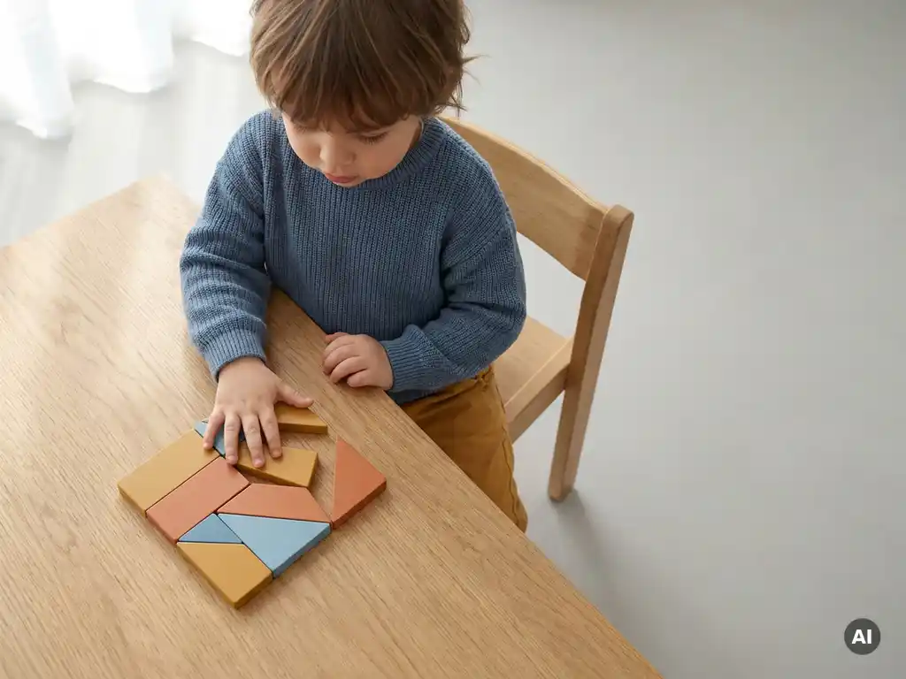 Jong kind concentreert zich op een kleurrijke puzzel aan een houten tafel, handen zwevend boven de stukjes, zacht natuurlijk licht.