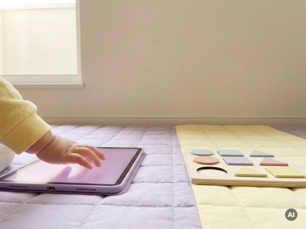 Klein kinderhands reikt naar een gloeiende tablet op een speelmat, met een half afgemaakt puzzel ernaast in zachte pastelkleuren.