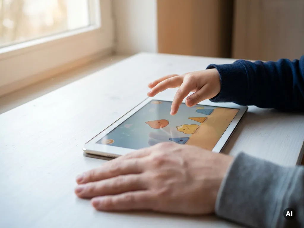 Kind speelt kleurrijk tabletspel terwijl ouder toeziet, warm natuurlijk licht op wit oppervlak.