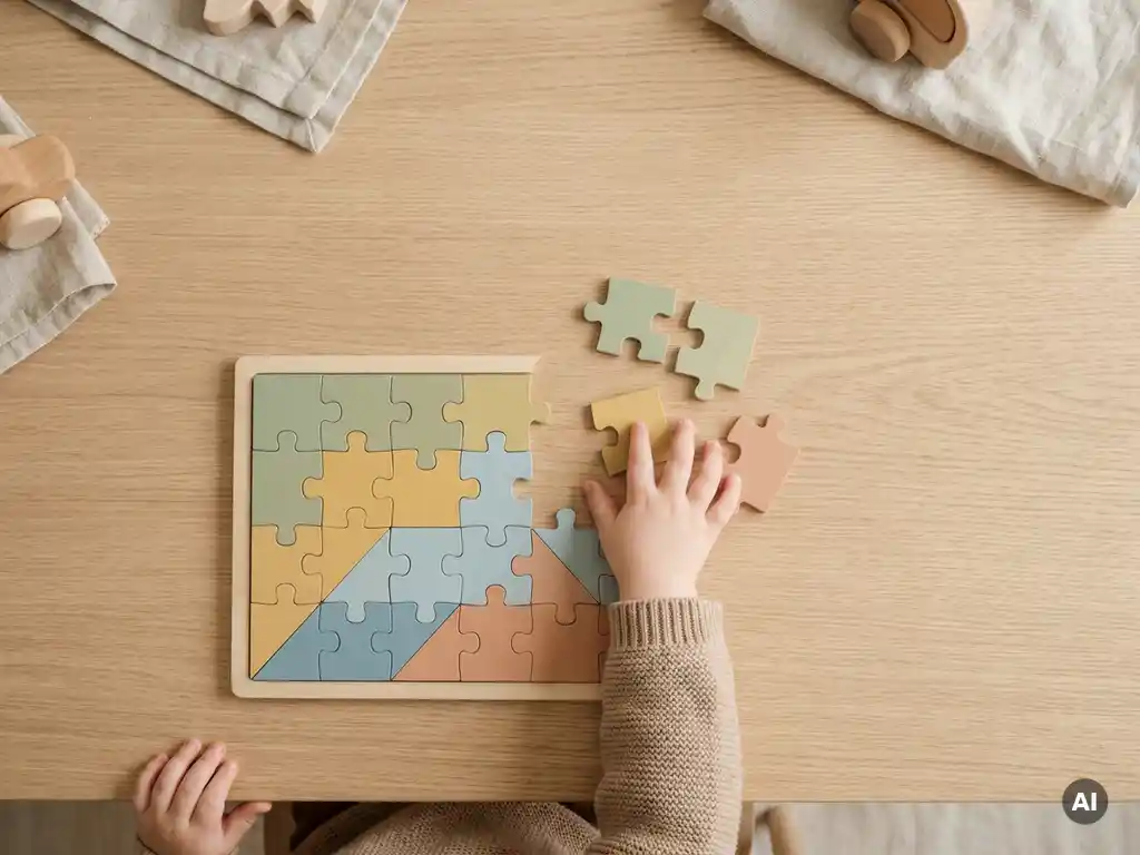 Klein kind dat reikt naar een half afgemaakt kleurrijk puzzel op een houten tafel, in zacht daglicht.