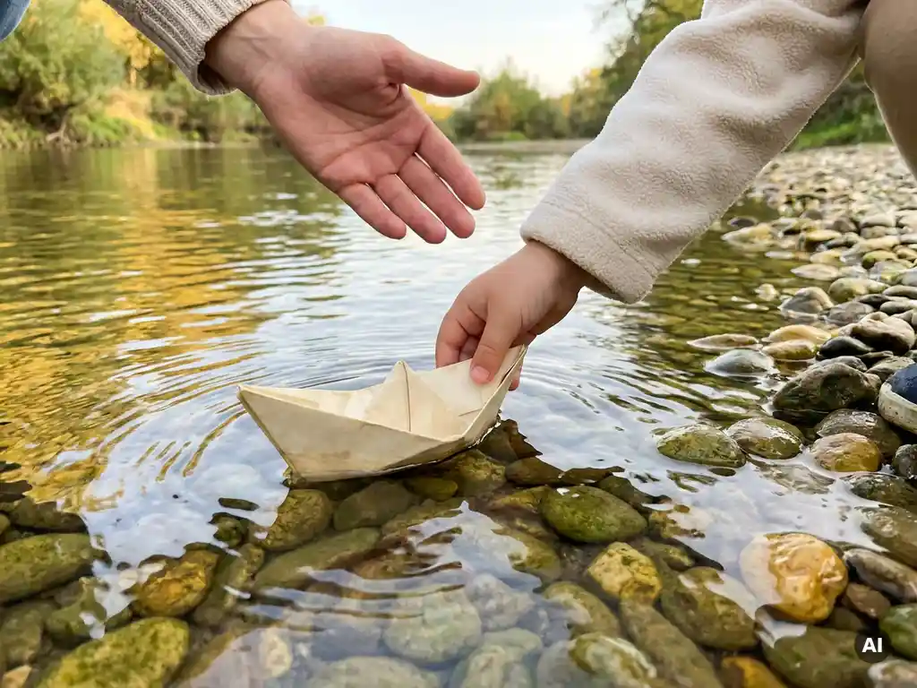 Klein kind dat een papieren bootje loslaat in een rustige beek, met een volwassen hand die toekijkt op de achtergrond.