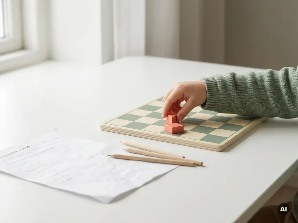 Kind plaatst een kleurrijk speelstuk op een bordspel naast een verfrommeld huiswerkblad op een wit bureau.